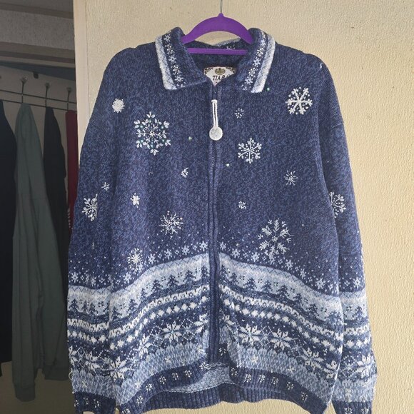 Tiara Women Holiday Long Sleeved Zip Cardigan with Snowflake Embellishments - Picture 1 of 9